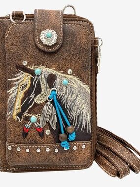 Brown Embroidered Horse Crossbody Wristlet with Turquoise Accents
